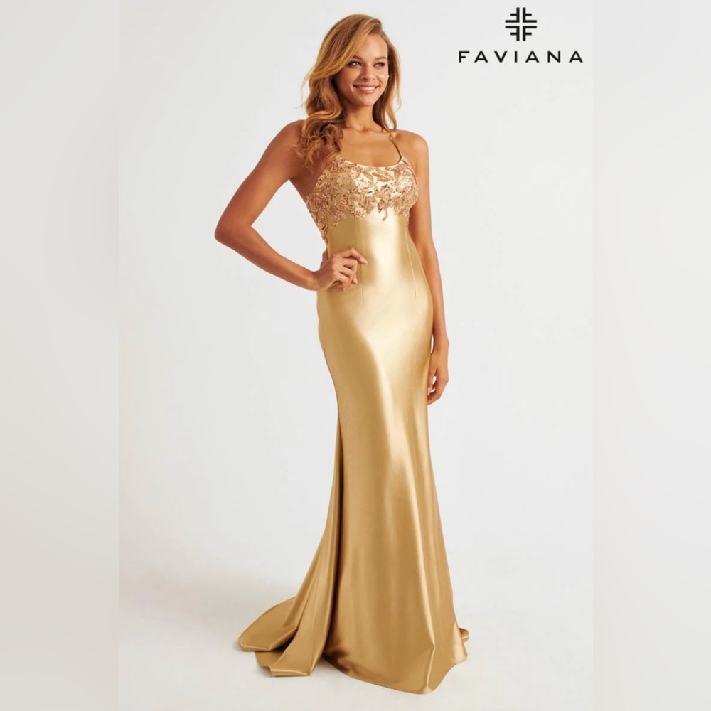 Faviana gold satin sequin bust prom dress